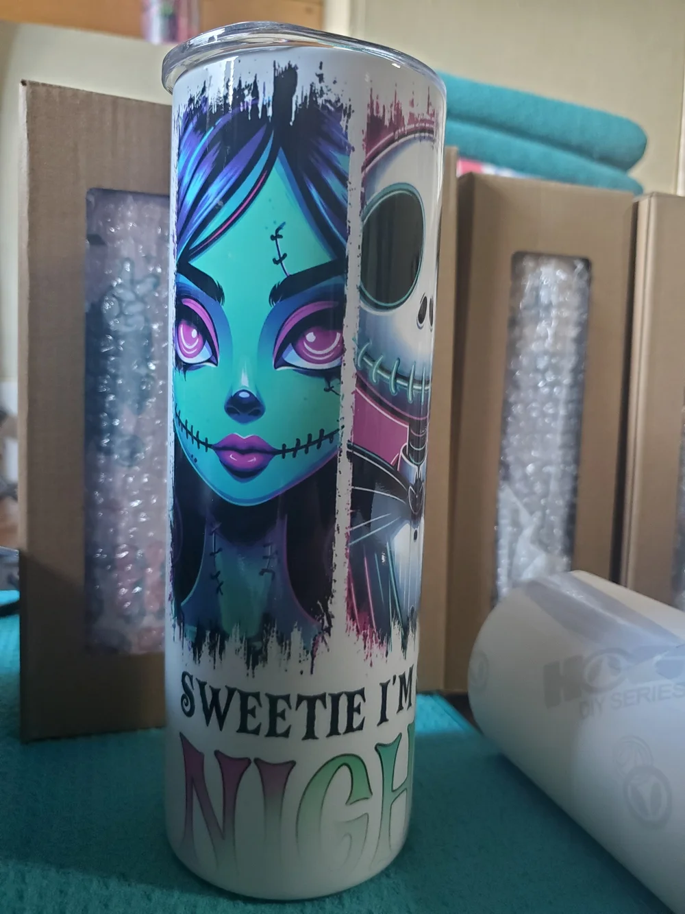 Nightmare Inspired Skinny Tumbler with Neon Blue & Pink Character Art